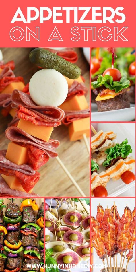 These party appetizers on a stick are the best recipes to serve a crowd at your next get together! Make kabobs and skewers for your guests to snack on at any celebration. From no bake finger food to grilled meats and veggies, there are plenty of easy recipes to make for your BBQs, potlucks, and picnics. Learn how to make your own individual party food for any celebration with step by step instructions. Appetizers On A Stick Bite Size, Finger Food Kabobs, Make Ahead Skewers, Brunch On A Stick, Snack On A Stick, Finger Foods On A Stick, Finger Food For Outdoor Party, Festival Party Food Ideas, Toothpick Finger Foods