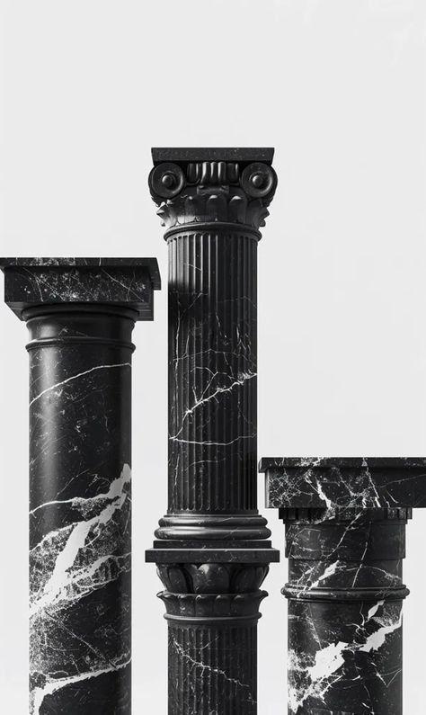 The image shows three black marble columns of different heights on a white background. The columns are all fluted, and the one in the middle is the tallest and has a more ornate capital than the other two ->> more details in ai-img-gen.com Marble Pillar, Marble Columns, Roman Columns, Bad Taste, Black Marble, In The Middle, The Middle, Art Images, White Background