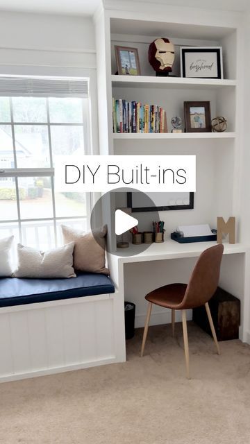 Katie Sharpe | DIY Tutorials | Home Decor | Interior Design on Instagram: "I love being able to envision the potential in a space and then see it come to fruition!  That’s one of the best parts about DIY projects!  This blank wall in my son’s room was begging for some character and I knew that big window would be perfect for a window bench!   Now this space is functional and custom!   #diy #diybuiltins #builtins #builtin #shelves #custombuild #diyproject #bedroominspo #windowbench #custombuiltins #diyhome #homeimprovements #woodworking #beforeandafterhomeedition #reelitfeelit❤️ #thisisyoursign #boysroomdecor #diymom #shelfstyling #storageideas #spacesaving #customdesk #shiplap #panelling #kidsdesk #bedroommakeover   Bedroom makeover, diy projects, built ins, custom built, desk, shelf styli Diy Built In Shelves Around Window, Built In Desk Below Window, Built In Wall Shelves Around Window, Diy Desk For Small Spaces, Diy Desk And Shelves, Built In Window Seat With Desk, Diy Bookshelf With Desk, Shelf Around Window, Desk Window Seat