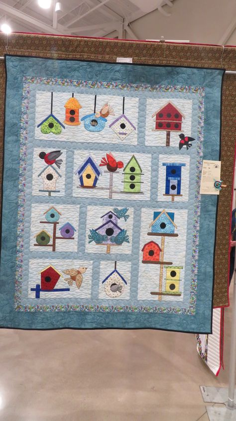 "The Burbs", Joyce Swift, NW Quilters Quilt show, 2023 Quilt Patterns With Bird Houses, Birdhouse Quilt Pattern, Birdhouse Quilt Blocks Free Pattern, Birdhouse Quilt, Door Banners, Bird Quilts, Bird Quilt Blocks, Month Ideas, Cat Quilts