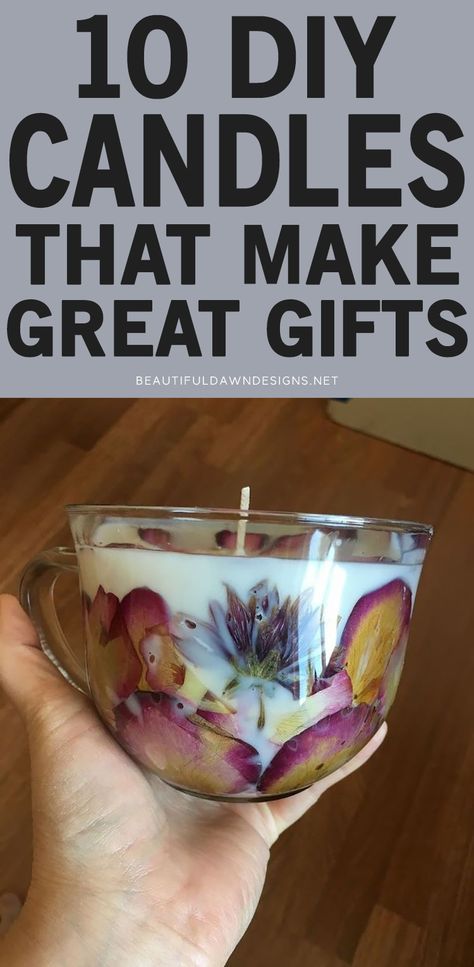 DIY candles make great gifts. You'll find 10 DIY candles that make great gifts for yourself or friends and family. Flower candle. How To Put Flowers In Candles, Diy Beeswax Candles With Dried Flowers, Homemade Candle With Flowers, Make Soy Candles Diy, Candle With Flowers Diy, Citrus Candle Diy, Dried Fruit Candles Diy, How To Make Candles With Flowers, Candle Mugs Diy