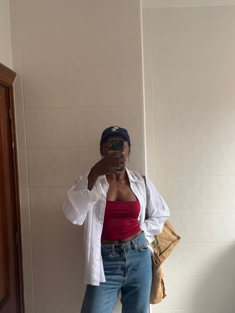 jeans, red tank top,blue cap, mirror selfie, insta post idea Red Top Blue Jeans Outfit, Red Top Blue Jeans, Blue Jean Outfits, Red Tank Top, Insta Post, Red Tank, Red Tank Tops, Red Top, Jean Outfits