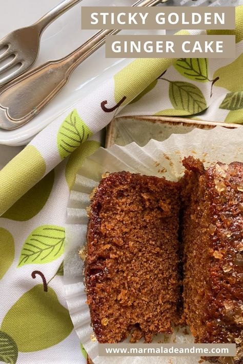 This Sticky Golden Ginger Cake is a moist and delicately spiced cake with a sticky topping and a delicious flavour. This really is a very easy cake. It's also a cosy cake; one for a rainy day or a snowy afternoon. I have used the ginger syrup from the jar of Stem Ginger to create the sticky drizzle which is poured over the cake once it is baked and it makes the cake moist as well as sticky. And it also freezes beautifully. Perfect for afternoon tea but also gorgeous as dessert with custard. Dessert With Custard, Stem Ginger, Spiced Cake, Cake Stall, Ginger Syrup, Ginger Cake, Packed Lunches, Cake Printing, Delicious Cake Recipes