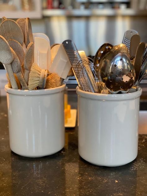 Crock Ideas, Kitchen Utensil Crock, Kitchen Utensil Storage, Large Woven Basket, Bon Appetit Magazine, Kitchen Utensil Organization, Organized Kitchen, Wooden Food, Glass Mixing Bowls