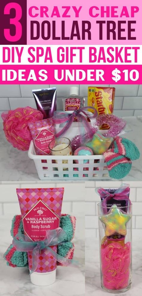 These DIY Dollar Tree spa gift basket ideas are so cheap! Make this homemade spa gift basket from the dollar store for under $10! Perfect for women, mom, friends, teachers & family! #diy #giftideas #gifts #giftbaskets #giftsforfriends #giftsforwomen #cheapgifts Spa Gift Basket Ideas, Basket Boyfriend, Diy Spa Gifts Baskets, Diy Spa Gifts, Dollar Store Gifts, Spa Day Gifts, Diy Spa Day, Homemade Spa, Dollar Tree Gifts