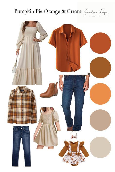 Orange Family Photo Outfits, Family Photo Style Guide, Color Scheme Aesthetic, Family Photos Color Scheme, Outfit Color Palette, Outfit Inspo Orange, Family Photo Studio, Summer Family Pictures, Family Photo Colors