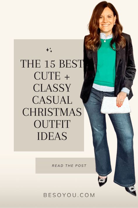 See 15 classy casual outfits for all your Christmas celebrations. See outfits with jeans, leather pants, dresses, and even skirts. Christmas Colors Outfit Ideas For Women, Cute Work Christmas Party Outfits Casual, Over 40 Christmas Outfits, Women's Fashion Christmas Outfit, Best Christmas Outfits For Women, Christmas Dinner Casual Outfit, White Shirt Outfit Women Winter, Christmas Day Casual Outfit, Christmas Parade Outfits Casual