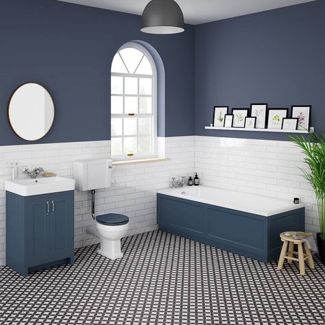 Blue Bathroom Walls, Navy Bathroom, Downstairs Toilet, Bathroom Suites, Bathroom Color, Bathroom Suite, Downstairs Bathroom, Blue Bathroom, Family Bathroom