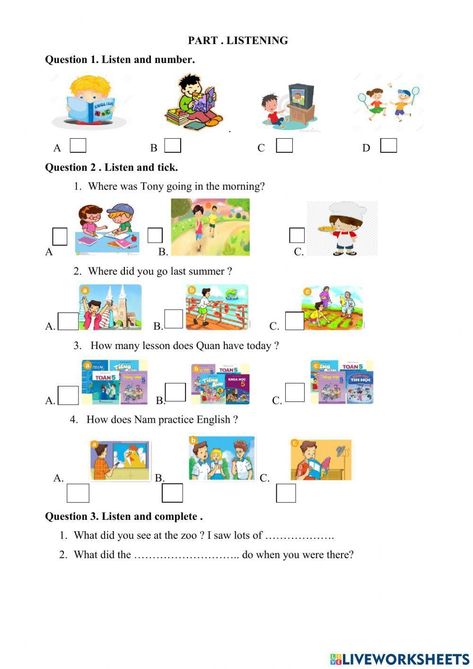 Grade 5-Listening-Speaking Listening Worksheets For Kids, Listening And Speaking Activities, Listening Skills Worksheets, Listening Activities For Kids, Listening Worksheet, Listening English, Cambridge Exams, Test For Kids, Listening Test