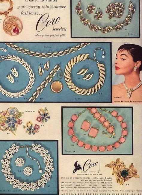 Gold Set Jewelry, 1950s Jewelry Style, 1950s Look, 1950s Costume, Jewellery Advertising, 1950s Jewelry, Jewelry Knowledge, Coro Jewelry, Jewelry Magazine