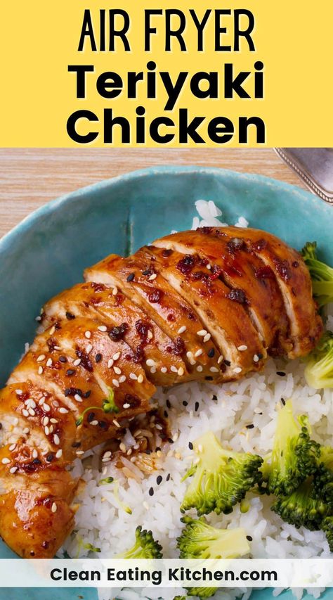 Here's how to make the easiest and juiciest Air Fryer Teriyaki Chicken Breasts with only two ingredients! This air fryer chicken recipe can be made gluten-free. Serve the teriyaki chicken with steamed veggies and rice for the perfect healthy and satisfying meal. Add this easy chicken recipe to your weekly meal plan. Pineapple Teriyaki Chicken Air Fryer, Ninja Foodi Teriyaki Chicken, Healthy Chicken With Rice, Air Fry Asian Chicken, Chicken Teriyaki Recipe Air Fryer, Chicken Teriyaki Air Fryer, Teriyaki Chicken In Air Fryer, Teriyaki Chicken Air Fryer Recipes, Air Fryer Teriyaki Chicken Breast