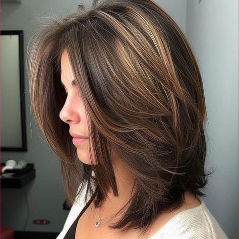 Straight Mid Length Cut with Feathered Layers Layered Mid Length Hair Straight, Tapered Shoulder Length Hair, Short Hair With Layers Side Part, Mid Length Fine Hair With Layers, Medium Length Brown Hair Straight, Front Layers Short Hair, Medium Short Layered Haircuts, Straight Short Hair With Layers, Mid Length Hair Cuts With Layers