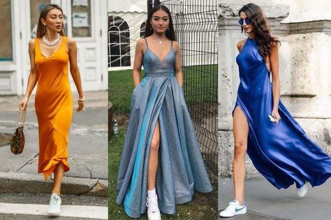 7 hacks to rock formal wear with sneakers in 2023 + fake long legs! Long Formal Dress With Sneakers, Semi Formal Dresses 2023, Semi Formal Sneakers Outfit, Long Gown And Sneakers Outfit, Sneakers For Homecoming, Formal Dress Sneakers Outfit, Cocktail Dresses With Sneakers, Sneakers With Dresses 2023, Cocktail Dress Sneakers Outfit