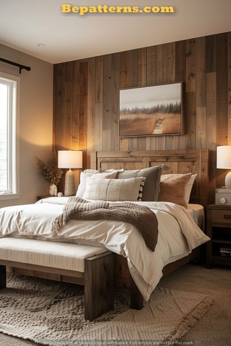 Vintage Rustic Bedroom Ideas, Modern Rustic Decor Bedroom, Wood Bed Ideas, Rustic Master Bedrooms Decor, Small Cottage Decor, Mountain Bedroom Decor, Mountain Cabin Bedroom, Cabin Inspired Bedroom, Cabin Bedroom Ideas