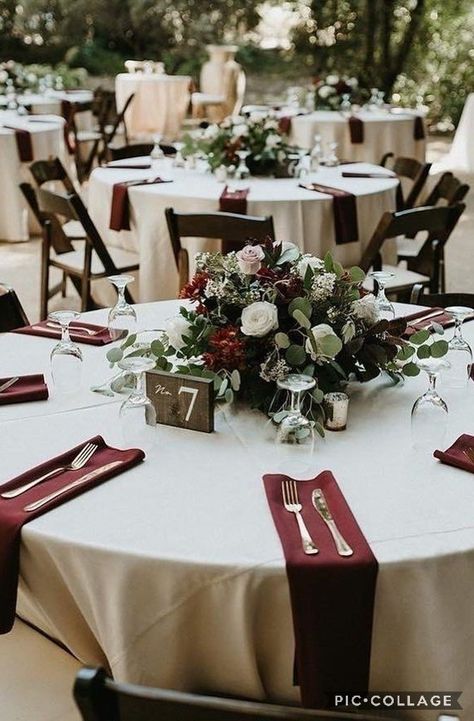 Dark Red Wedding Table Decorations, Red Table Linens Wedding, White Green And Burgundy Wedding Flowers, Red And Green Wedding Table Decor, Sage Green And Burgundy Wedding Wedding Table Decor, Burgundy And White Flower Centerpieces, Burgundy Winter Wedding Decor, Burgundy Backyard Wedding, Burgundy And White Wedding Tables