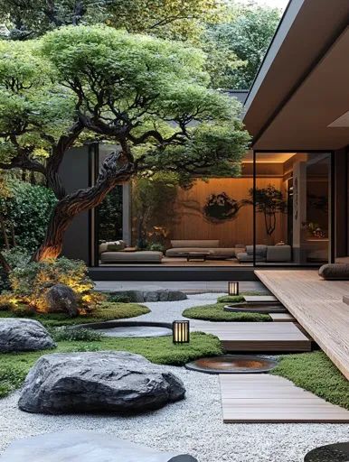 ↑↑↑ Larger size on website 🔸 A tranquil Japanese garden with a large tree, white gravel, moss covered rocks, and wooden paths lea Japanese Garden Design Modern, Modern Japanese House Exterior, Wooden Pathways, Japanese House Exterior, Modern Japanese Garden, Wooden Pathway, Modern Japanese House, Modern Greenhouses, White Gravel