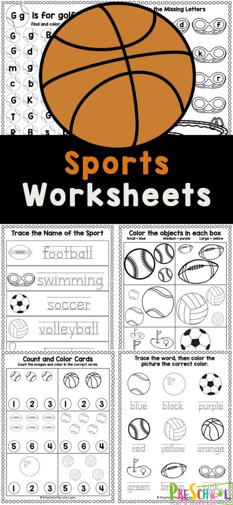 Does your pre-k student love sports? Grab these free printable sports worksheets for preschoolers to work on some fundamental math and literacy skills with a fun sports theme. These sports preschool worksheets include exercises to learn, practicing and reviewing pre-writing skills, alphabet letters, counting, addition, subtraction, writing name, and more!. Simply print the preschool sports themed printables to play and learn with this fun preschool sports theme. Sports Theme Worksheets Preschool, Sports Themed Literacy Activities, Fall Sports Preschool Theme, Exercise Day Kindergarten, Sport Preschool Crafts, Sports Writing Activities Preschool, Sports Worksheets For Kindergarten, Sport Theme Activities Preschool, Sports Theme Day At School