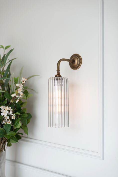 Brass Glass Wall Light, Glass Hallway Lights, Wall Lights In Hallway, Wall Lamps Bathroom, Bedside Wall Lights On Panelling, Hanging Wall Lights Bedroom, Sconses Hallway Modern, Wall Lights Living Room Ideas, Hall Lighting Ideas