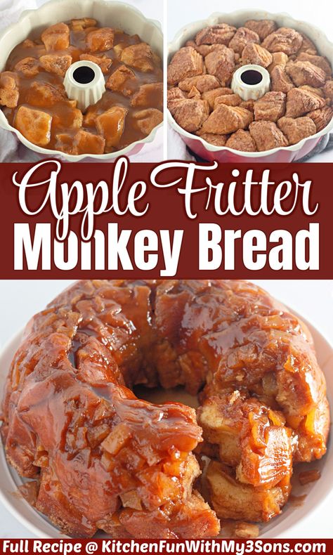 Apple Fritter Monkey Bread is a delicious pull-apart bread that is filled with apples and covered in a caramelized glaze. It's the perfect treat for breakfast or dessert. Apple Fritter Monkey Bread, Apple Monkey Bread, Monkey Bread Muffins, Monkey Bread Recipe, Apple Fritter Bread, Apple Recipes Easy, Apple Fritter, Apple Dessert Recipes, Fritter Recipes