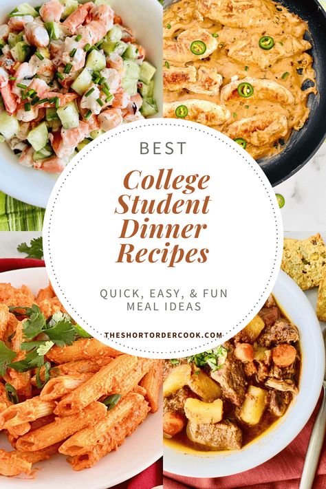 Easy College Student Dinner Recipes - The Short Order Cook College Meals Recipes, College Meals On A Budget, Cheap College Dinners, Beginner Friendly Meals, Dorm Room Dinner Ideas, College Dinner Ideas Simple, College Food Recipes Easy, Good Ideas For Dinner Easy Recipes, Easy Dinner Recipes Single Serving