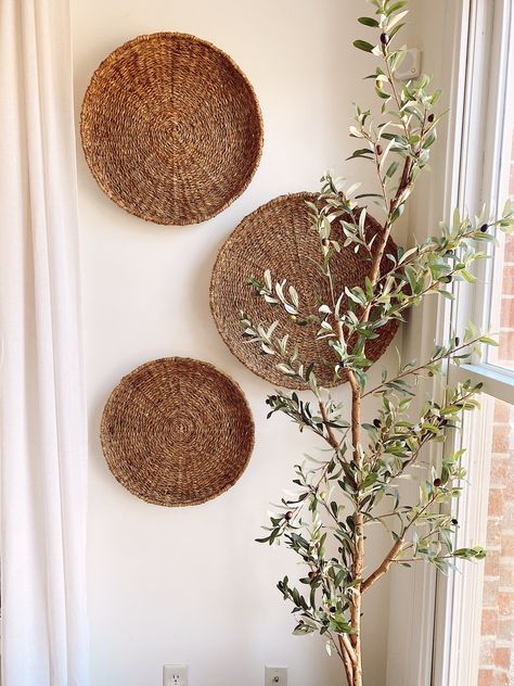 Basket Walls Boho Living Room, Basket Walls Boho, Basket Walls, Wicker Wall Baskets, Oversized Wall Decor, Always Pan, Brown Couch Living Room, Farmhouse Living Room Decor, Faux Olive Tree