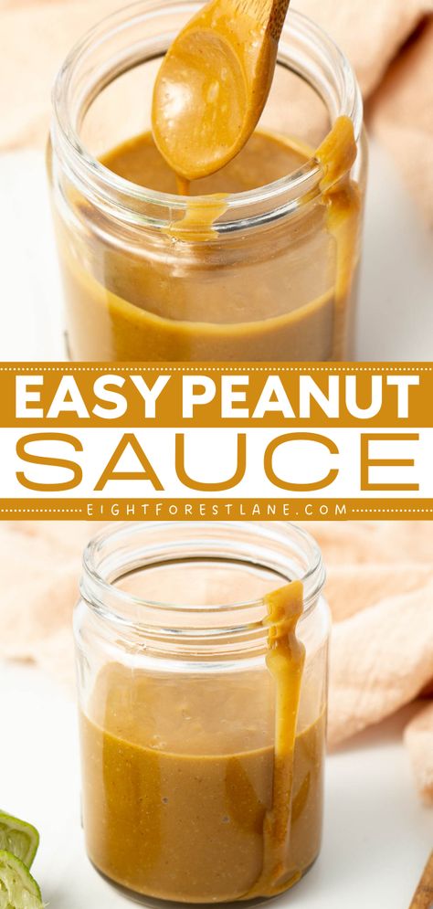 Whip up this easy peanut sauce recipe! It will become one of your go-to food condiments for dunking or drizzling. Rich and creamy with Thai-inspired flavors, this simple sauce idea is perfect for chicken satay, meatballs, and more! Satay Dipping Sauce, Sweet Peanut Sauce, Quick Peanut Sauce, Peanut Satay Sauce Recipe, Peanut Butter Thai Sauce, How To Make Peanut Sauce, Peanut Butter Sauce For Chicken, Peanut Butter Sauce Thai, Gluten Free Peanut Sauce