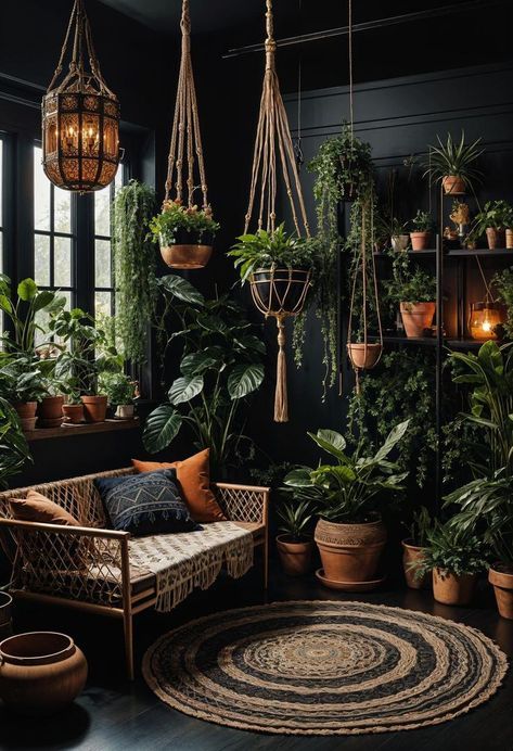 Imagine stepping into a living room where shadows dance gracefully with light, where every corner tells a story of mystique and comfort. This isn't just any Plant Living Room Aesthetic Bohemian, Black And Green Sunroom, Dark Living Room With Plants, Black Plant Room Aesthetic, Modern Tea Room Design, Dark Room With Plants, Dark Forest Living Room, Black Plant Wall, Dark Colored Living Rooms Ideas