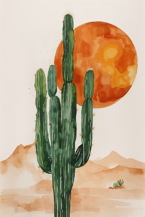 wall painting ideas Cactus Desert Painting, Things To Paint Nature, Desert Canvas Painting, Easy Desert Painting, Desert Watercolor Paintings, Easy Watercolor Paintings For Beginners Simple, Watercolor Cactus Paintings, Water Colors Painting Easy, Boho Watercolor Painting