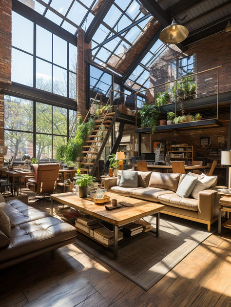 Old vintage loft home featuring large oversized sofa and stairs to second floor Aesthetic Loft House, Loft Apartment Aesthetic Plants, Artsy Loft Interior Design, Industrial City Apartment, Loft Style House Exterior, Cute Loft Apartment Aesthetic, Open Concept Loft Apartment, Warehouse Style Apartment, Modern Brick Interior Design