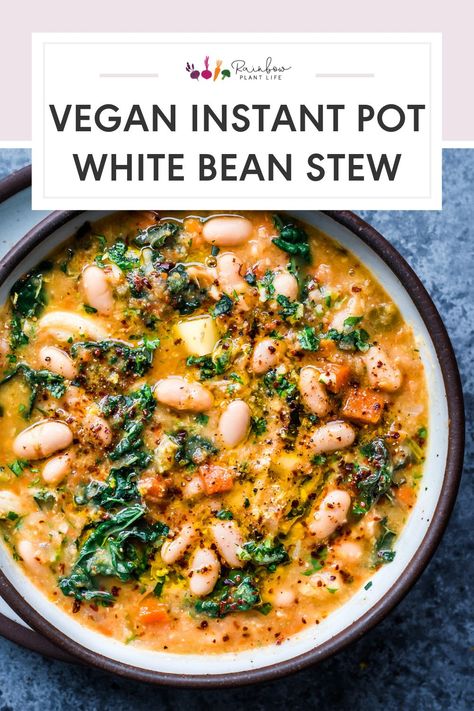 White Bean Soup With Kale, Creamy White Bean Soup, Bean Soup With Kale, Rainbow Plant Life, Soup With Kale, Vegan Instant Pot Recipes, Bean Stew, White Bean Soup, Vegan Soups