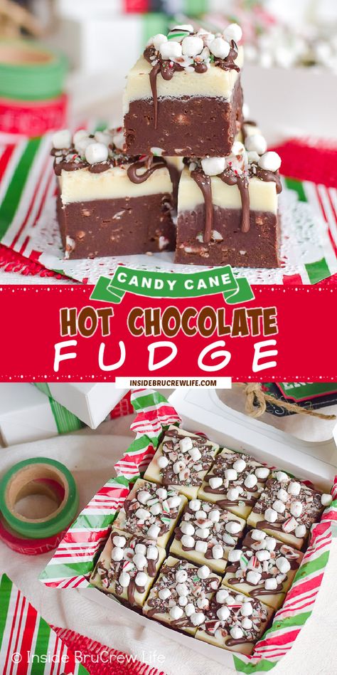 Candy Cane Fudge Easy, Candy Cane Fudge Recipe, Fall Fudge Recipes Easy, Gourmet Fudge Recipes, Xmas Fudge, Pretty Christmas Cookies, Hot Chocolate Fudge Recipe, Christmas Fudge Recipes, Candy Cane Fudge