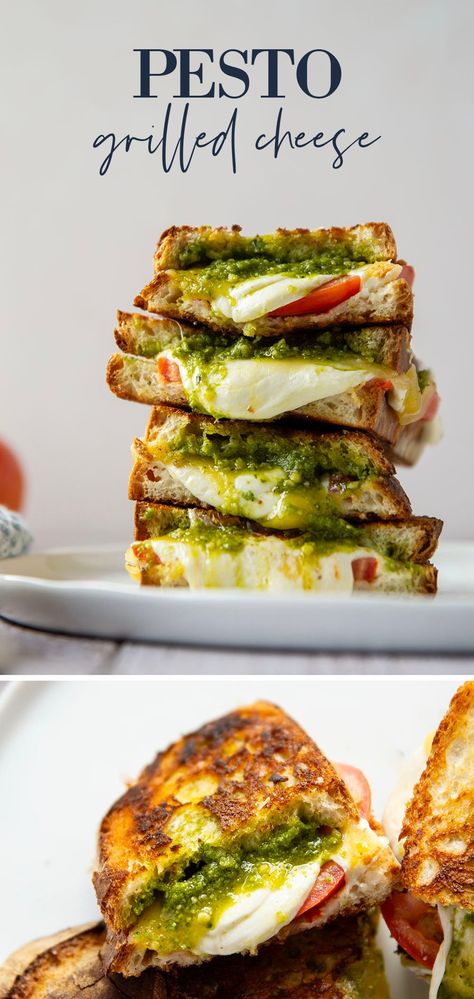 This pesto grilled cheese is packed with plenty of flavorful pesto, juicy tomato slices, and three kinds of cheese. Dinner Ideas Pesto, What Can I Make With Pesto, Food With Pesto Recipes, Healthy Dinner Recipes Pesto, Vegetable Grilled Cheese, Pesto Lunch Ideas, Dinner Recipes Pesto, Things To Do With Pesto, Pesto Dinners