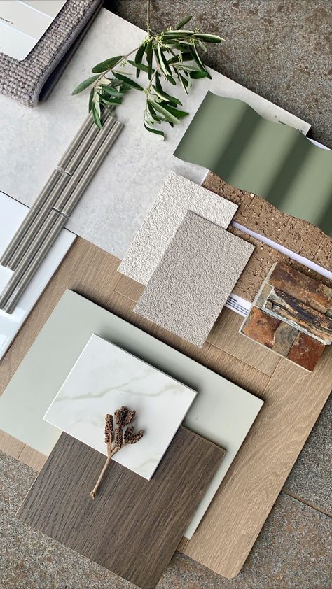 This flatlay showcases natural tones and hints of green elements #interiordesign #flatlay #moodboard Colour And Material Board, Green Interior Design Palette, Green Material Palette, Green Material Board, Natural Color Palettes, Natural Moodboard, House Color Schemes Interior, Established Home, Material Moodboard