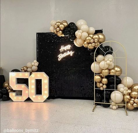 Black And Gold Sequin Backdrop, 50th Backdrop Ideas, 50th Birthday Decoration Ideas, Black Shimmer Wall, 60 Birthday Party Ideas, 50th Birthday Table Decorations, 50th Birthday Decor, Shimmer Wall Panels, Birthday Backdrop Ideas