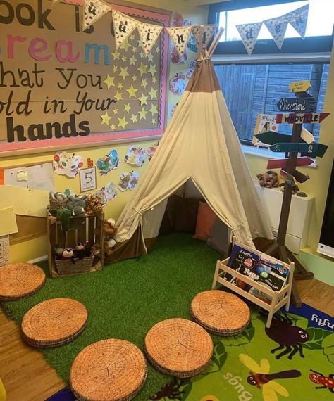 Reading Corner Tent Classroom, Reggio Inspired Cozy Corner, Reading Corner Aesthetic Classroom, Reading Tent Classroom, Natural Reading Corner Classroom, Classroom Decor Reading Corner, Reading Corner Ideas Classroom, Nature Themed Library, Camping Reading Corner