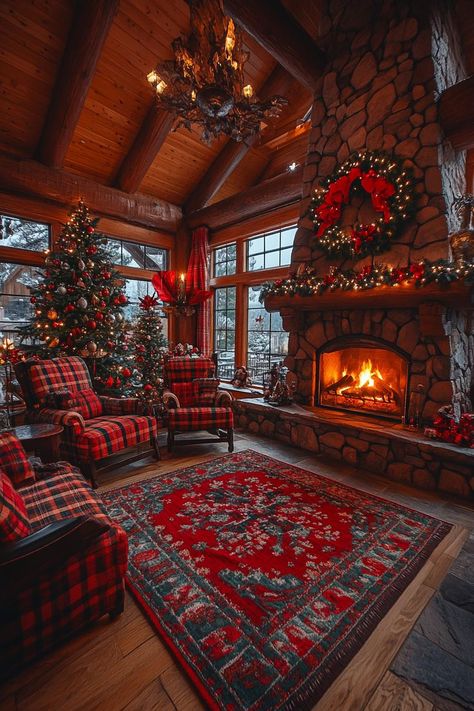 21 Cozy Mountain Lodge Christmas Decor Ideas 13 Dream House Christmas, Cozy Christmas Interior, Christmas Core Aesthetic, Christmas House Interior, Christmas Decor Ideas For Living Room, Cozy Winter House, Traditional Christmas Decor Ideas, Christmas In The Mountains, Christmas Fireplace Decorations