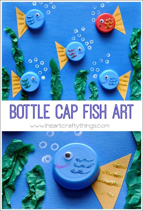 Use bottle caps to create this darling Fish Art Craft. | From I Heart Crafty Things Bottle Cap Fish, Sea Animal Crafts, Ocean Kids, Bottle Cap Art, Sea Crafts, Fish Crafts, Bottle Cap Crafts, Ocean Crafts, Animal Crafts For Kids