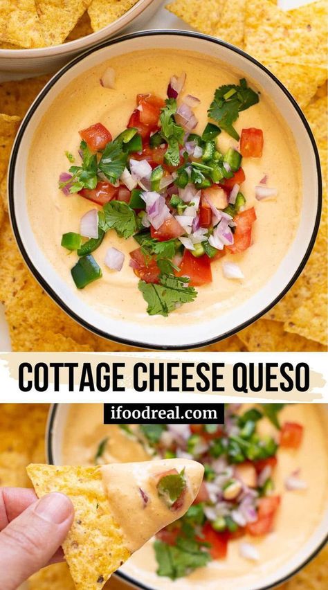 Cottage Cheese Queso is a cheesy dip with 6 grams of protein and ready in 5 minutes. Serve with chips or veggies for the ultimate snack! Healthy Cheese Dip, Cottage Cheese Dip Recipes, Cottage Cheese Queso, Cottage Cheese Recipes Healthy, Cottage Cheese Dips, Cheese Queso, Healthy Cheese, Cottage Cheese Snack, Cheesy Dip