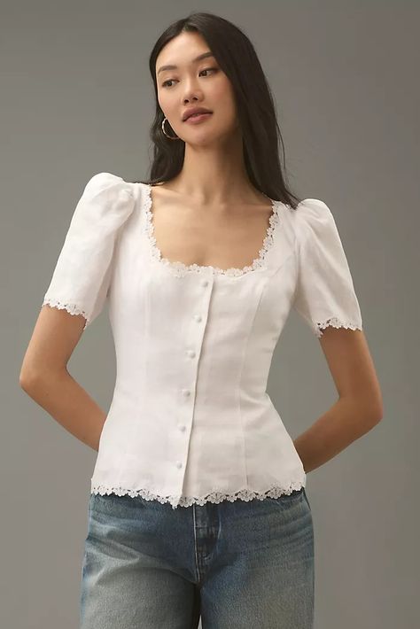 Women's Tops, Blouses, Tees and Tanks | Anthropologie Sweetheart Neckline Top, Romantic Tops, Unique Blouse, Princess Seams, 2024 Fashion, Vintage Inspired Design, Scalloped Lace, Top Design, Sweetheart Neck