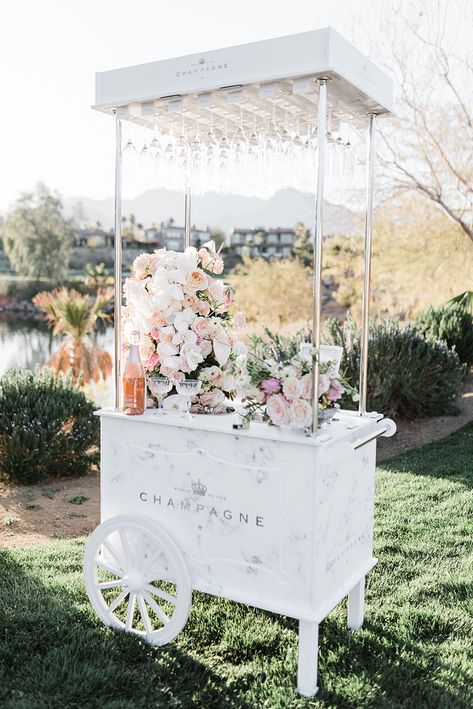 Prosecco Cart Wedding, Cake And Champagne Party, Champagne Cart Ideas, Champagne Cart Wedding, Champagne Bar Wedding, Flower Bar Ideas, Wedding Champagne Bar, Wedding Cart, Pink Champagne Wedding