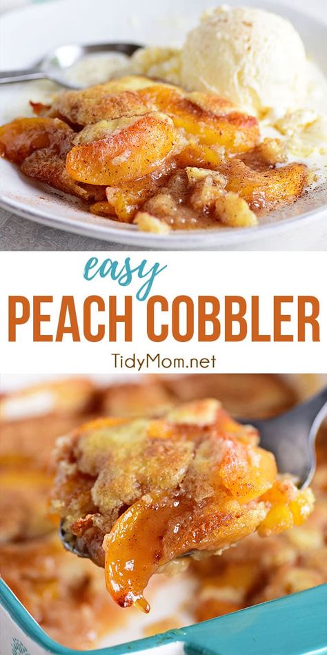 This tried-and-true Peach Cobbler recipe is easier than pie! Use fresh or frozen peaches so you can enjoy peach cobbler year-round. Serve it with a scoop of ice cream for the perfect dessert. Print the full recipe at TidyMom.net #cobbler #peach #peachcobbler #summerdesserts #fruit #easydesserts #pie Easy Peach Cobbler, Easy Peach Cobbler Recipe, Cobbler Easy, Wallpaper Food, Frozen Peaches, Peach Dessert Recipes, Scoop Of Ice Cream, Dessert Oreo, Dessert Parfait