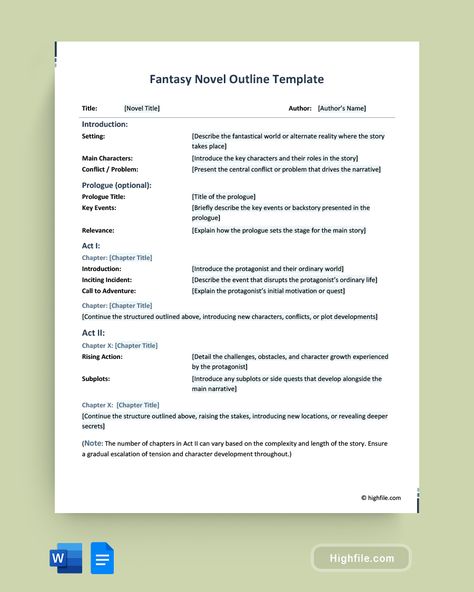 Fantasy Novel Outline Template - Word | Google Docs - Highfile Fiction Book Outline Template, Fantasy Book Outline Templates, Google Docs Novel Template, Fantasy Novel Outline Template, Novel Writing Outline Templates, Chapter Outline Template, Book Outline Templates, Story Outline Template, Novel Outline Template