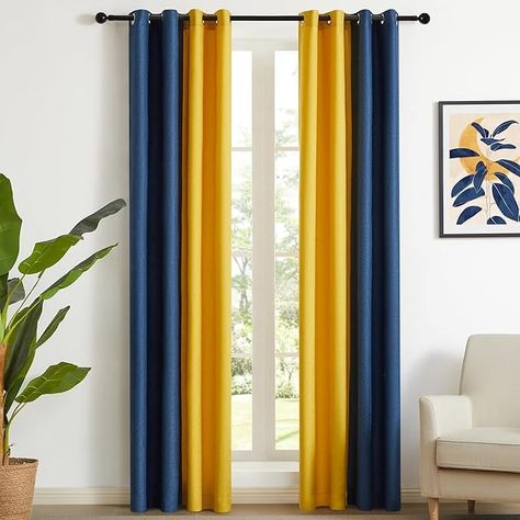 Amazon.com: PRIMROSE Navy Blue Yellow Faux Linen Curtains 96 inch Long for Living Room, Set of 2 Panels Semi-Blackout Modern Room Ombre Curtains Window Drapes for Bedroom Grommet : Home & Kitchen Yellow And Blue House Decor, Yellow And Blue Curtains Living Room, Living Room Inspiration Navy Blue, Mustard Yellow And Navy Blue Living Room, Blue Yellow Living Room Decor, Blue And Gold Living Room Decor, Navy Blue And Mustard Living Room, Navy Blue Curtains Living Room Ideas, Navy Blue And Yellow Living Room Decor