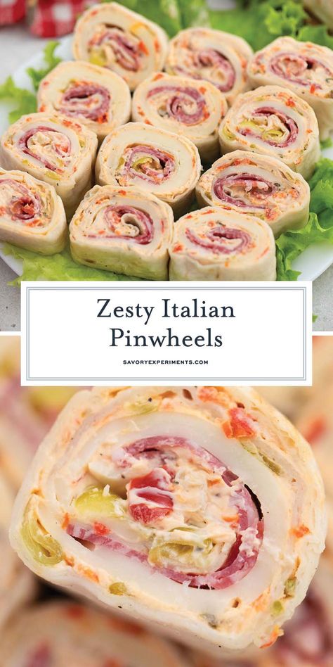 These Italian pinwheels have all the flavors or an italian sub wrapped up into the perfect appetizer! Great for parties or a game day snack! Pinwheel Recipes Italian, Italian Rollups Appetizers, Italian Pinwheels With Cream Cheese, Wrap Appetizers For Party, Italian Tortilla Pinwheels, Spicy Italian Pinwheels, Appetizer For Work Party, Salami Pinwheels Tortillas, Snacks For Lunch To Work