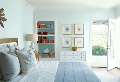 Bedroom walls in Benjamin Moore Ocean Air 2123-50 Bedroom Paint Colors Benjamin Moore, Relaxing Paint Colors, Wall Silhouette, Benjamin Moore Bedroom, Best Bedroom Paint Colors, Best Gray Paint, Bedroom Paint Colors Master, White Heron, Color Combinations Paint