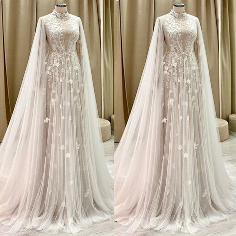 Champagne Wedding Dresses Long Sleeves With Cape Lace Appliques Bridal Gowns | eBay A Line Wedding Dress With Cape, Cape With Wedding Dress, Princess Wedding Dresses With Sleeves Royals Kate Middleton, Wedding Dress With Detachable Cape, Wedding Dresses With Cloaks, High Neck Wedding Dresses With Sleeves, Wedding Dress Fantasy Elvish, Modest Wedding Dresses High Neck, Elven Inspired Wedding Dress