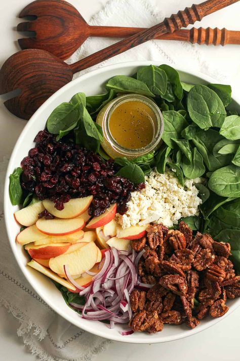 Spinach Salad With Apples And Pecans, Thanksgiving Salad Half Baked Harvest, Apple Salad For Thanksgiving, Pecan Fruit Salad, Spinach Apple Feta Salad, Spinach Apple Pecan Salad, Apple And Spinach Salad, Maple Pecan Salad, Spinach Chicken Salad Recipes