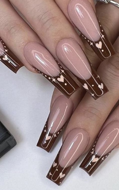 Hot Pink French Tip Coffin Acrylic Nails, Valentines Nails Brown, Light Pink And Brown Nails, Cute Brown Nail Ideas, Hot Nails 2023, Brown And Pink Nails Acrylic, Birthday Nails Brown, Brown Ombre Nails Acrylic, Fall Nails Medium Length