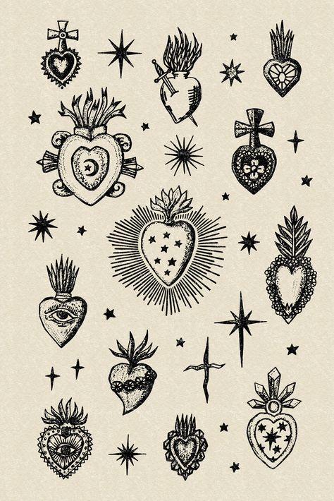 Frida Kahlo Heart Tattoo, Sacred Heart Flash Tattoo, Over The Heart Tattoo, Witchy Heart Tattoo, Vintage Heart Illustration, Scared Heart Tattoo Traditional, Tiny Sacred Heart Tattoo, Boho Heart Tattoo, Small Sacred Heart Tattoo