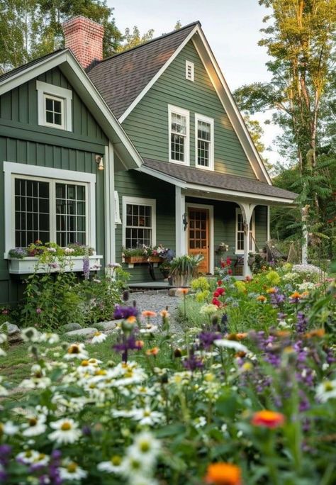 Cottage Home Exterior Paint Colors, Green House With Shutters, Green And White Exterior House Colors, Green And Brown House Exterior, Green House With White Trim, Green Brick House Exterior, Green Exterior Paint Colors For House, Green House White Trim, Green Cottage Exterior